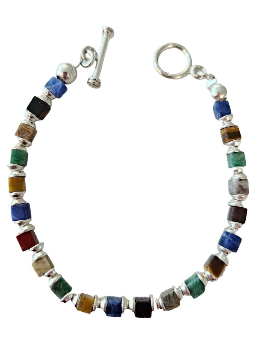 Sterling Silver Multi Cube Gemstone Bead Bracelet, Tiger Eye, Lapis L114